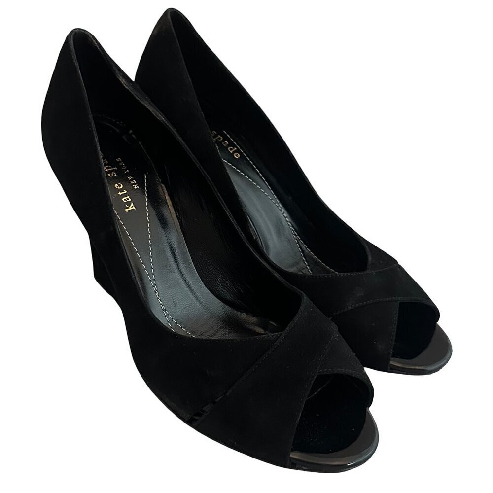 Kate Spade New York Black Peep Toe Wedge Sandals Cutout Velvet Size 6.5 Women's